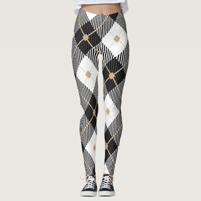 Schwarz-weiß und Gold Kariert Leggings (Vorderseite)