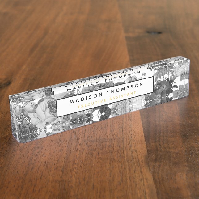Schwarz, Weiß und Gold Vintage Blüten Beruflich Namensplakette (Seite)