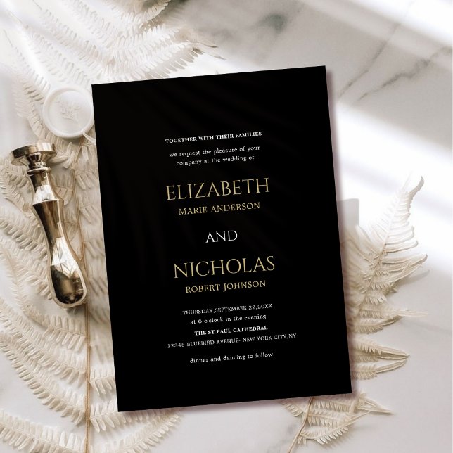 Schwarz, Weiß und goldene Schablone Hochzeit Einla Einladung (Von Creator hochgeladen)