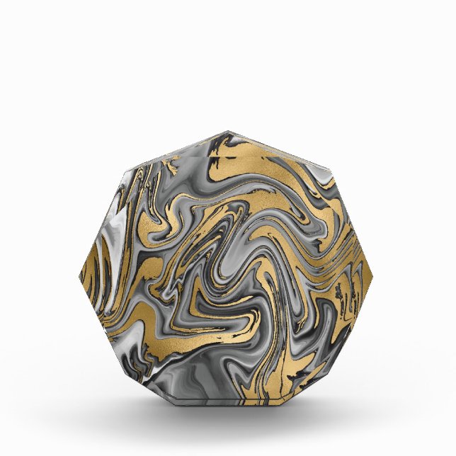 Schwarz, Weiß und Goldmarmor Ölteppich Abstrakt Fotoblock (Vorderseite)