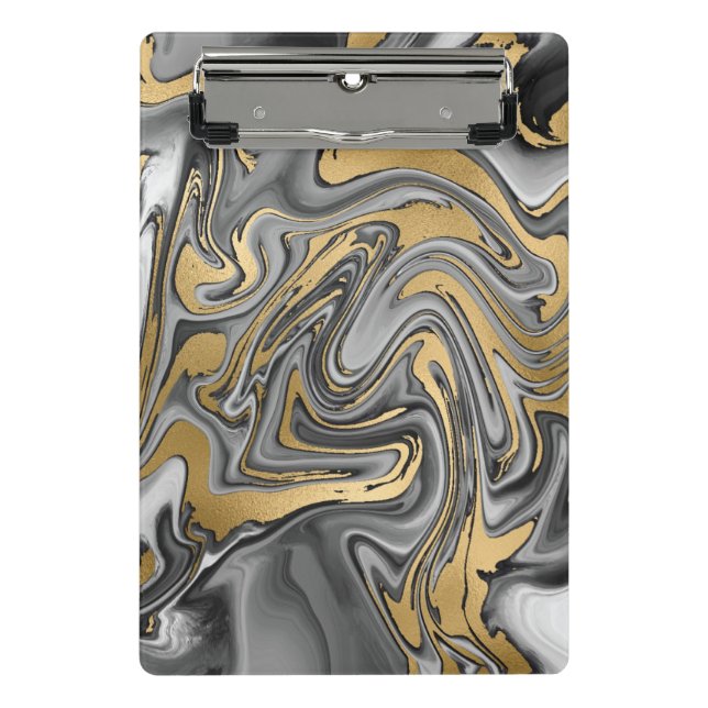 Schwarz, Weiß und Goldmarmor Ölteppich Abstrakt Mini Klemmbrett (Vorderseite)