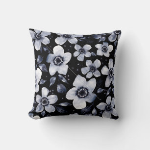 Schwarz, Weiß und Grau-Anemone-Aquarellblume Kissen
