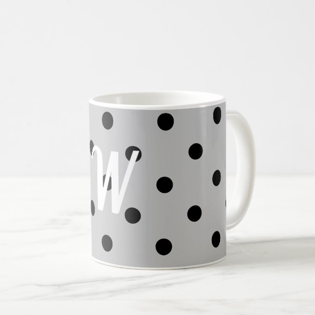 Schwarz-weiß und grau, Polka-Punkte, Monogramm Kaffeetasse (VorderseiteRechts)