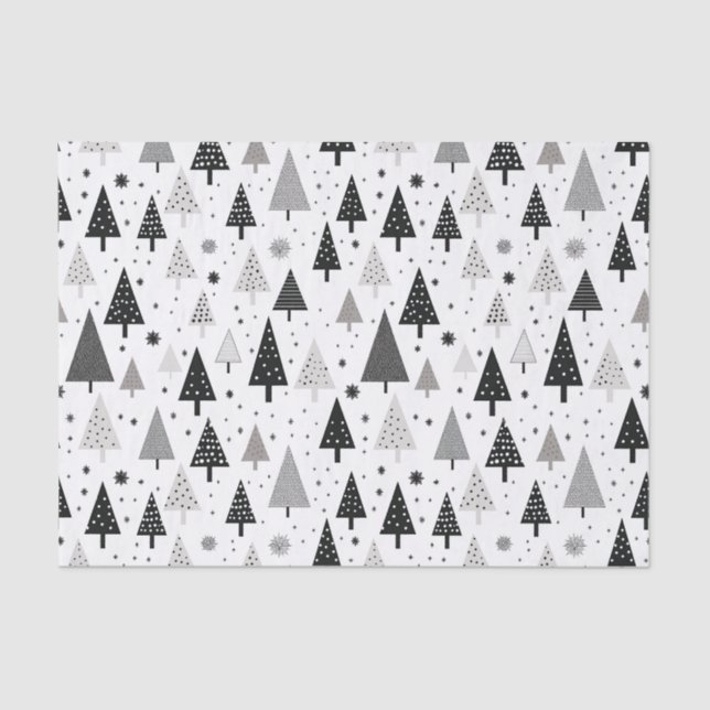 Schwarz, Weiß und Grau Weihnachtsbaummuster Seidenpapier (Vorderseite)