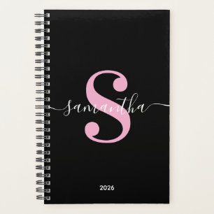 Schwarz Weiß und Hellrosa Moderne Monogramm Planer
