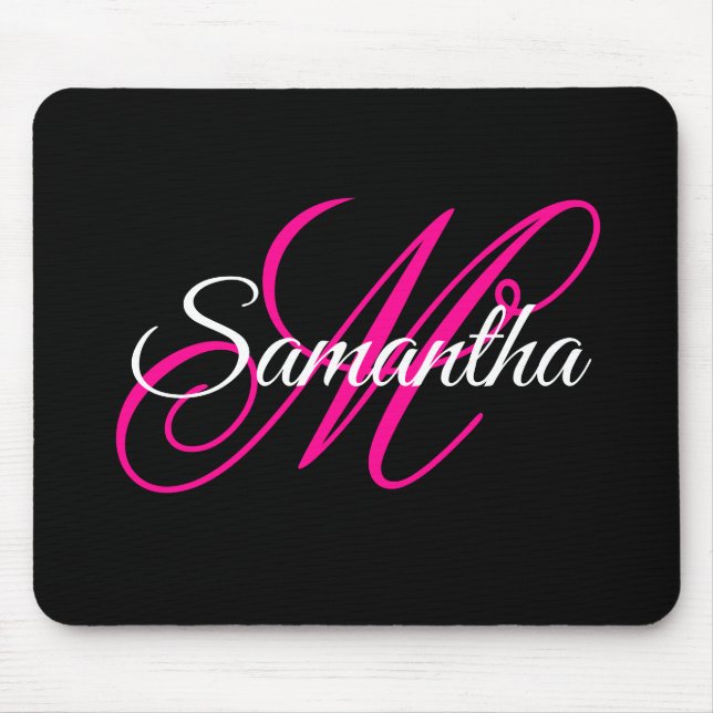 Schwarz Weiß und Hot Pink Fancy Schrift Monogramm Mousepad (Vorne)