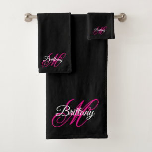 Schwarz Weiß und Hot Pink Fancy Script Monogramm Badhandtuch Set