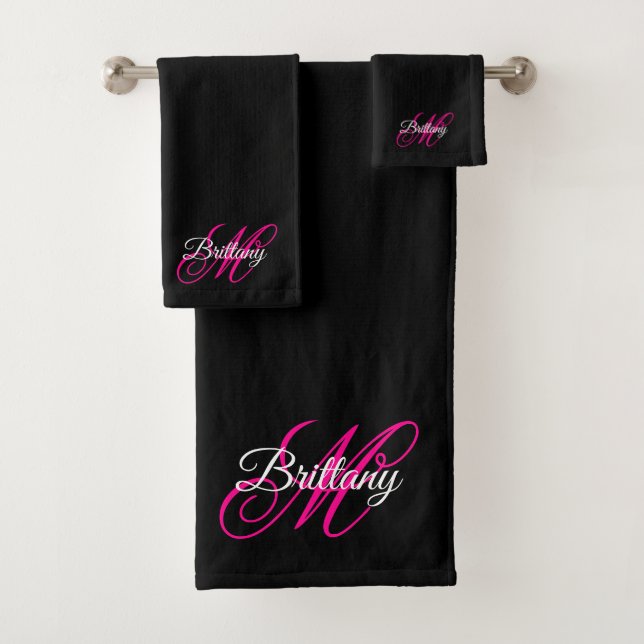 Schwarz Weiß und Hot Pink Fancy Script Monogramm Badhandtuch Set (Insitu)