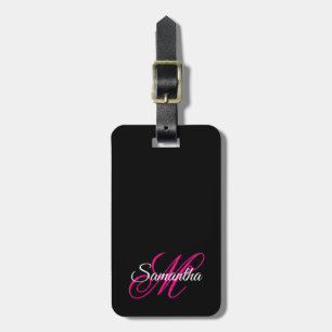 Schwarz Weiß und Hot Pink Fancy Script Monogramm Gepäckanhänger