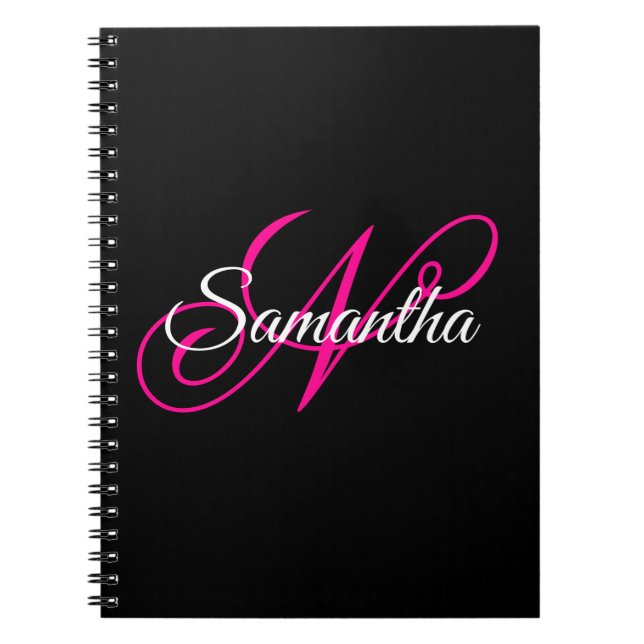 Schwarz Weiß und Hot Pink Fancy Script Monogramm Notizblock (Vorderseite)