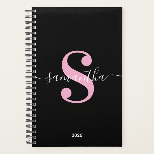 Schwarz-weiß und leicht rosa Modernes Monogramm Planer (Vorderseite)