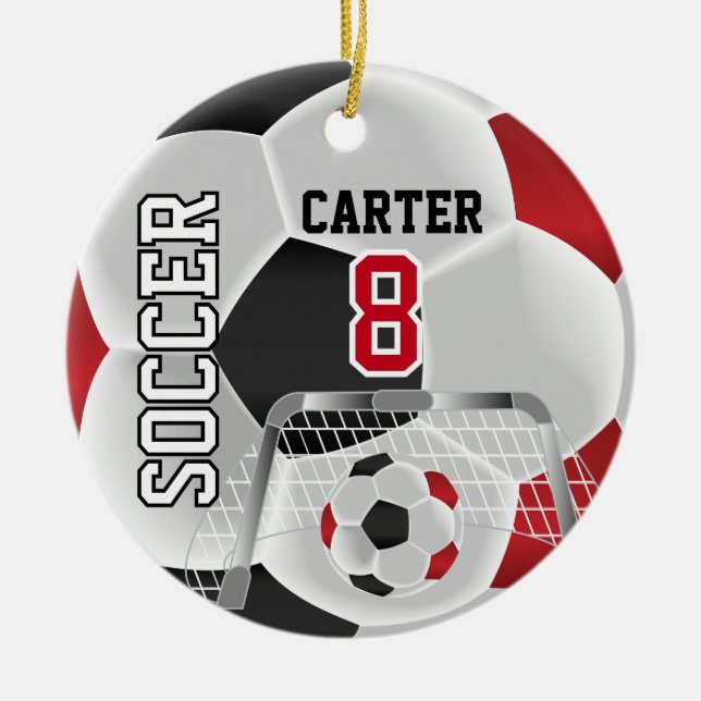 Schwarz, Weiß und Rot personalisieren Fußball ⚽ 💖 Keramik Ornament (Vorne)