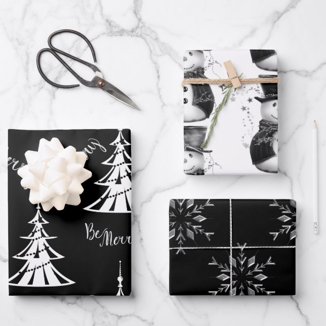 Schwarz, Weiß und Silber Weihnachten Geschenkpapier Set (Vorderseite)