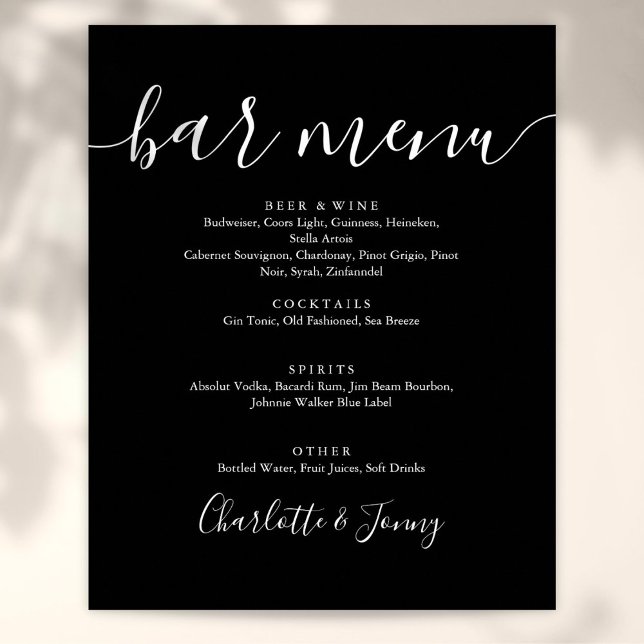 Schwarz-Weiß-Unterschrift-Script-Bar-Menü-Schild Poster (Black And White Signature Script Bar Menu Sign)