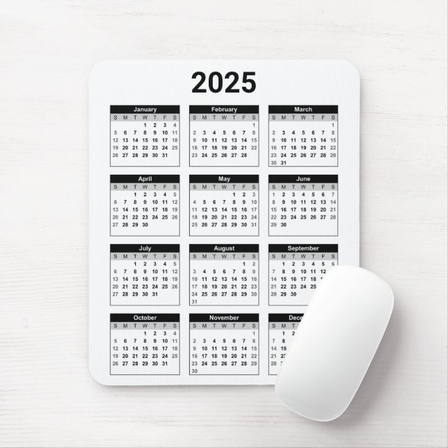 Schwarz-Weiß-USA-Kalender 2025 Mousepad (Mit Mouse)