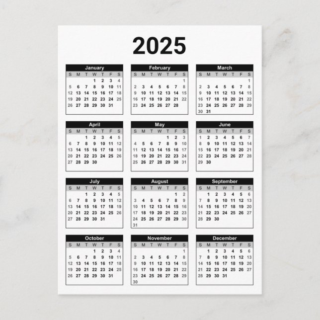Schwarz-Weiß-USA-Kalender 2025 Postkarte (Vorderseite)