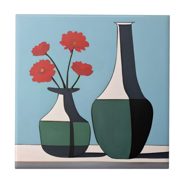 Schwarz-Weiß-Vasen mit roten Blume Fliese (Vorderseite)