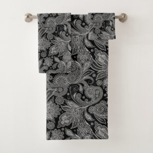 Schwarz-Weiß-Verziert Paisley Badhandtuch Set
