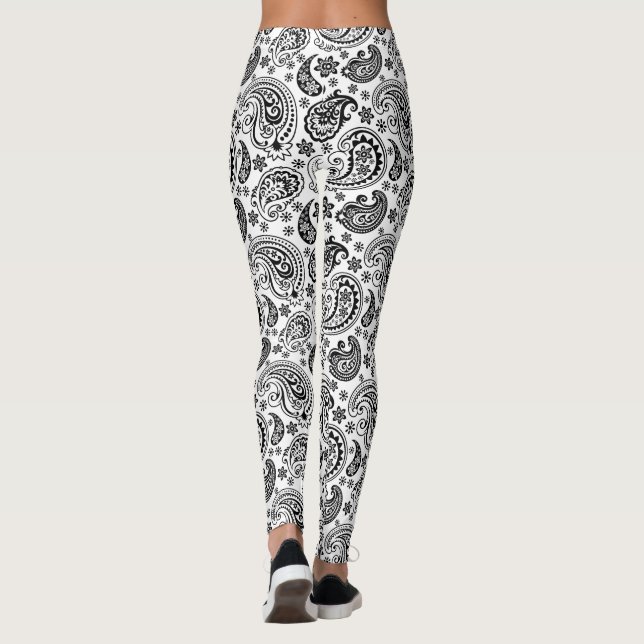 Schwarz-Weiß-Verziert Paisley-Muster 2 Leggings (Rückseite)