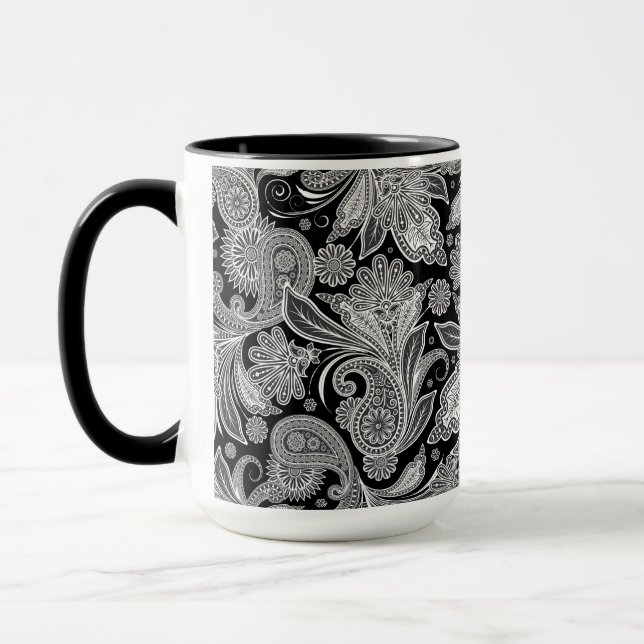 Schwarz-Weiß-Verziert Paisley-Muster Tasse (Links)