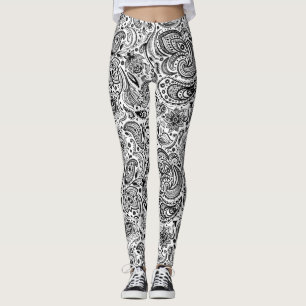 Schwarz-Weiß-Verziertes Blumenmuster Leggings