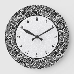 Schwarz/Weiß Vintag Paisley Damasks Große Wanduhr