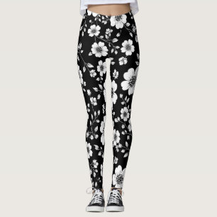 Schwarz-weiß vintage Blumen nahtloses Muster (1) Leggings