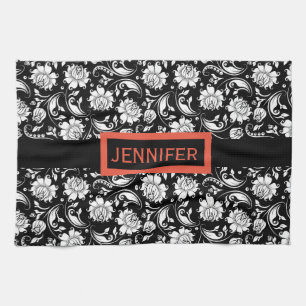 Schwarz-Weiß-Vintage BlumenDamaskus Handtuch
