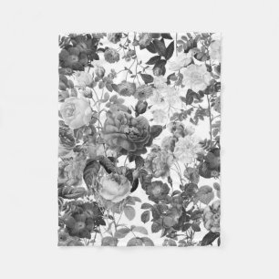 Schwarz-weiß Vintage-Blumenmuster Fleecedecke