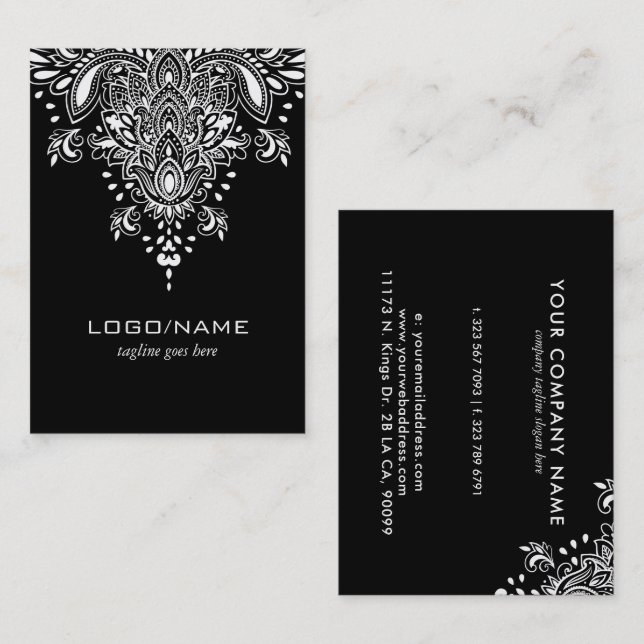 Schwarz-Weiß-Vintage Blütenpalisley Ornament Visitenkarte (Vorne/Hinten)
