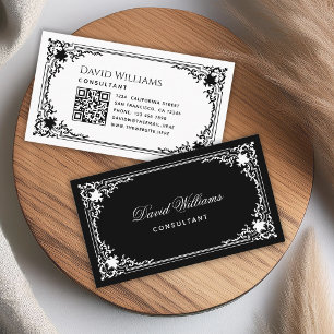 Schwarz-Weiß Vintage-eleganter QR-Code und Schrift Visitenkarte