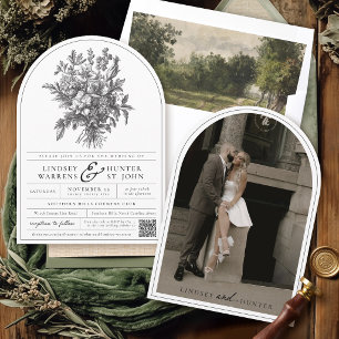 Schwarz-weiß-vintage-florales Foto-Tor-Hochzeit Einladung