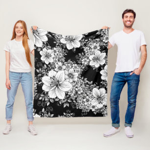 Schwarz Weiß Vintage Florales Nahtloses Muster (3) Fleecedecke