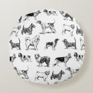 Schwarz-Weiß Vintage-Hunde-Muster Rundes Kissen