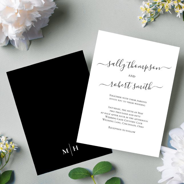 Schwarz-Weiß-Vorlage für klassisches Skript Einladung (Simple black and white calligraphy script wedding invitation.)