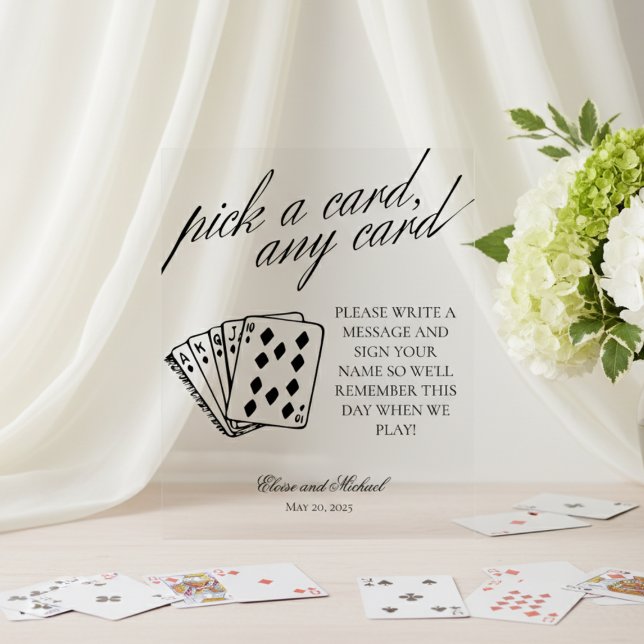 Schwarz-Weiß-Wählen Sie eine Karte aus irgendeinem Acrylschild (Add a fun and interactive touch to your wedding or event with this modern serif playing cards sign!)