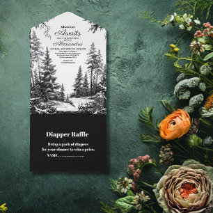 Schwarz Weiß Wald-Abenteuer-Baby-Party All In One Einladung