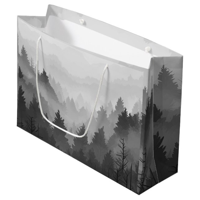 Schwarz-Weiß-Wald Landschaft Minimalistisch Große Geschenktüte (Vorderseite Schrägansicht)