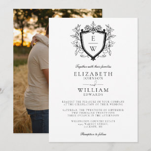 Schwarz-Weiß-Wappen-Monogramm-Foto-Hochzeit Einladung