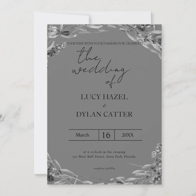 Schwarz-Weiß-Wasserfarbe Blumenzwiebelhochzeit Ein Einladung (Vorderseite)