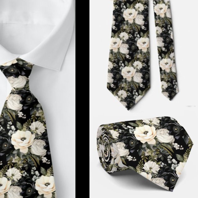Schwarz-Weiß-Wasserfarben-Flora-Form-Neck-Tie Krawatte (Von Creator hochgeladen)