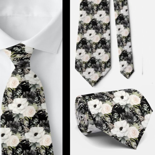 Schwarz-Weiß-Wasserfarben-Flora-Form-Neck-Tie Krawatte (Von Creator hochgeladen)