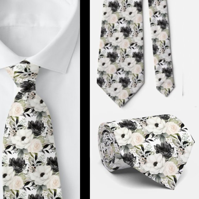 Schwarz-Weiß-Wasserfarben-Flora-Form-Neck-Tie Krawatte (Von Creator hochgeladen)