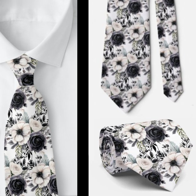 Schwarz-Weiß-Wasserfarben-Flora-Form-Neck-Tie Krawatte (Von Creator hochgeladen)