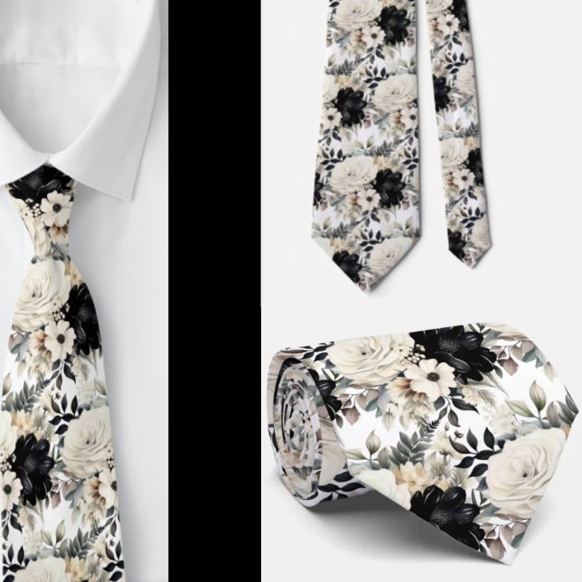 Schwarz-Weiß-Wasserfarben-Flora-Form-Neck-Tie Krawatte (Von Creator hochgeladen)