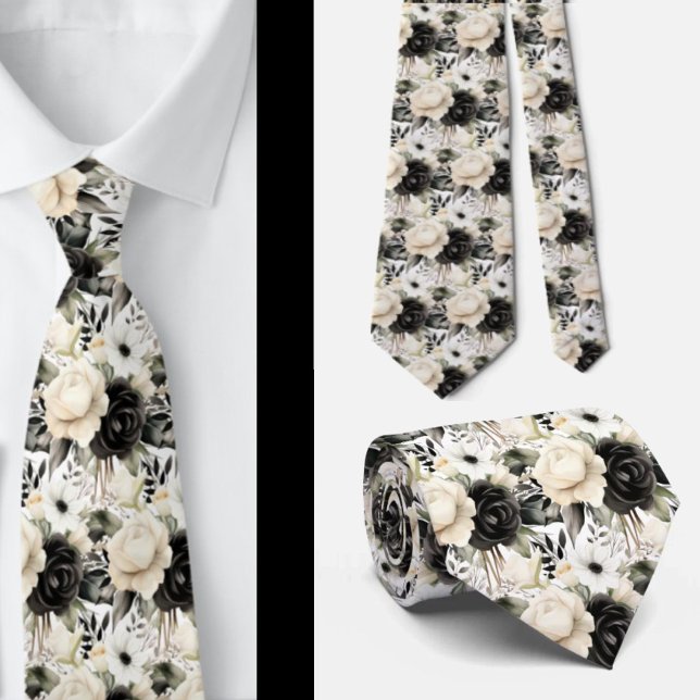 Schwarz-Weiß-Wasserfarben-Flora-Form-Neck-Tie Krawatte (Von Creator hochgeladen)