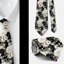 Schwarz-Weiß-Wasserfarben-Flora-Form-Neck-Tie