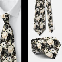 Schwarz-Weiß-Wasserfarben-Flora-Form-Neck-Tie
