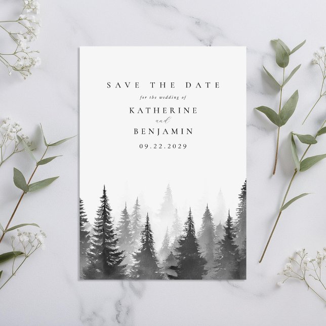 Schwarz-Weiß-Wasserfarbenwald-Hochzeit Save The Date (Von Creator hochgeladen)