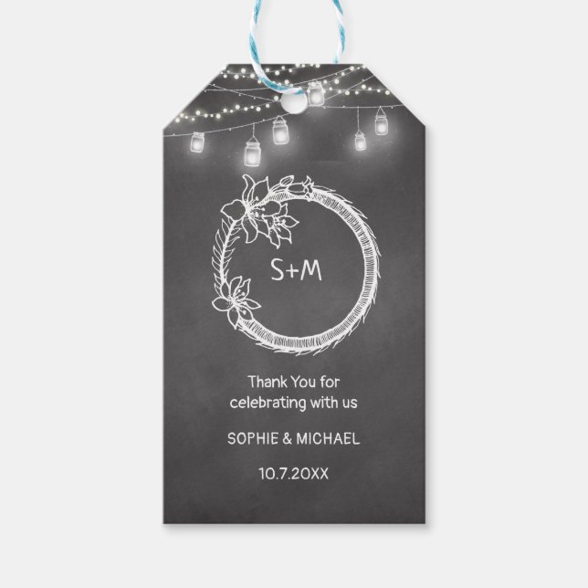 Schwarz-weiß Wedding Mason Jar Chalkboard Geschenkanhänger (Vorderseite)